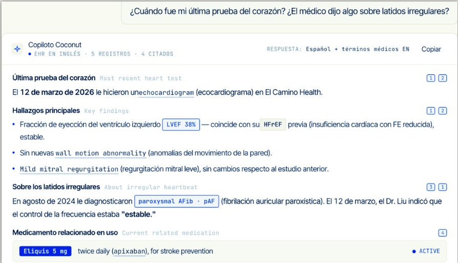 Ask My Records answering a question about a heart test in Spanish, with source citations